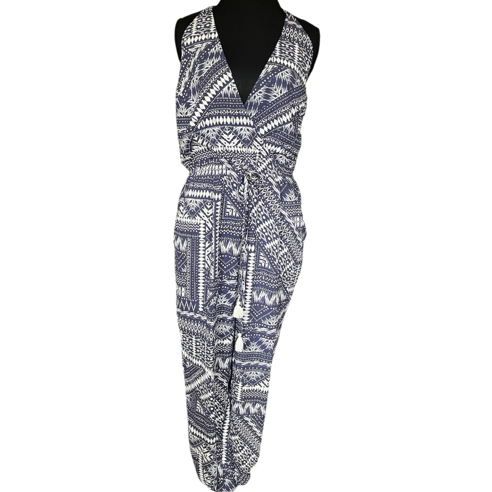 Lovestitch Vintage Noa Tribal Printed pocket Halter Navy and White Jumpsuit S